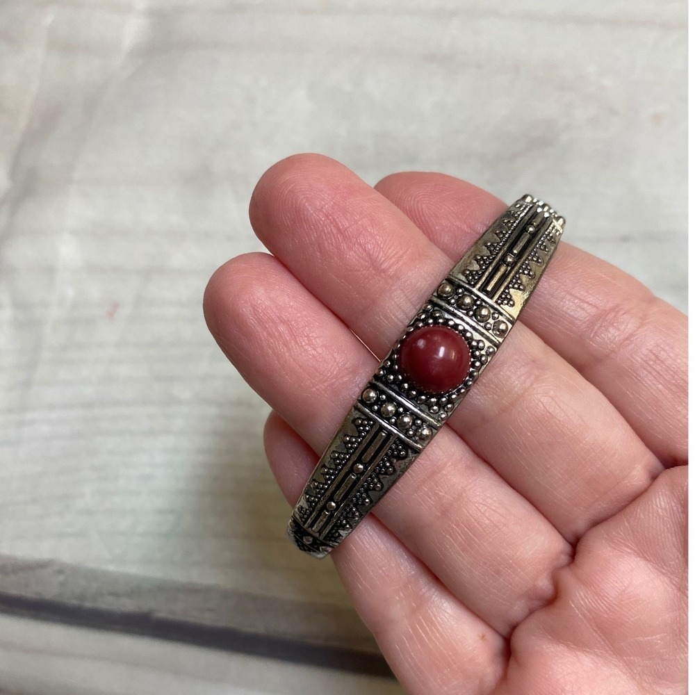 Vintage Silver Tone Maroon Stone Boho Cuff Bracelet Ornate Beadwork Southwest